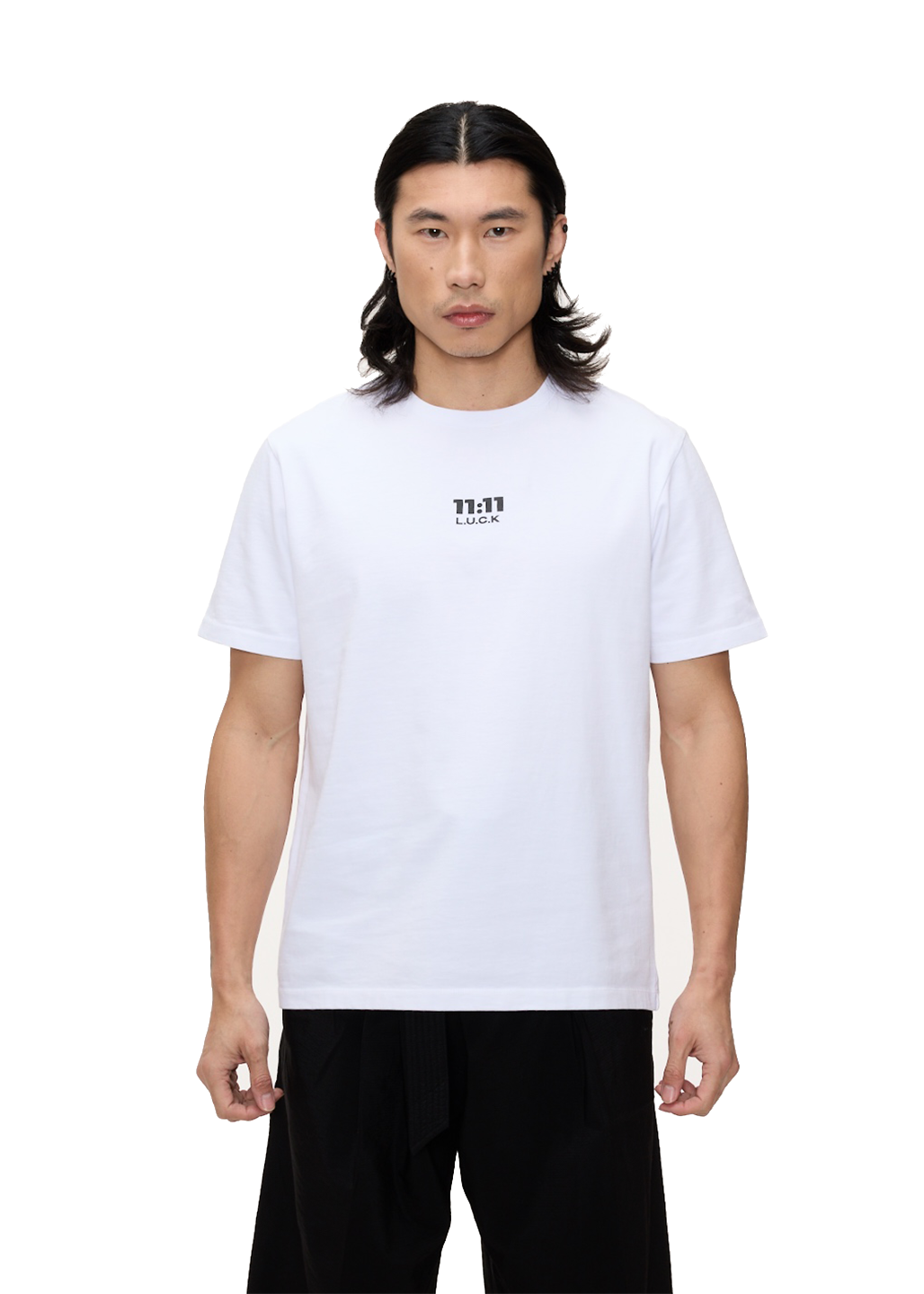 1111 luck white logo t-shirt male model