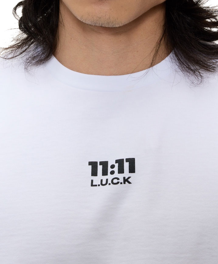 11:11 L.U.C.K logo on a white t-shirt