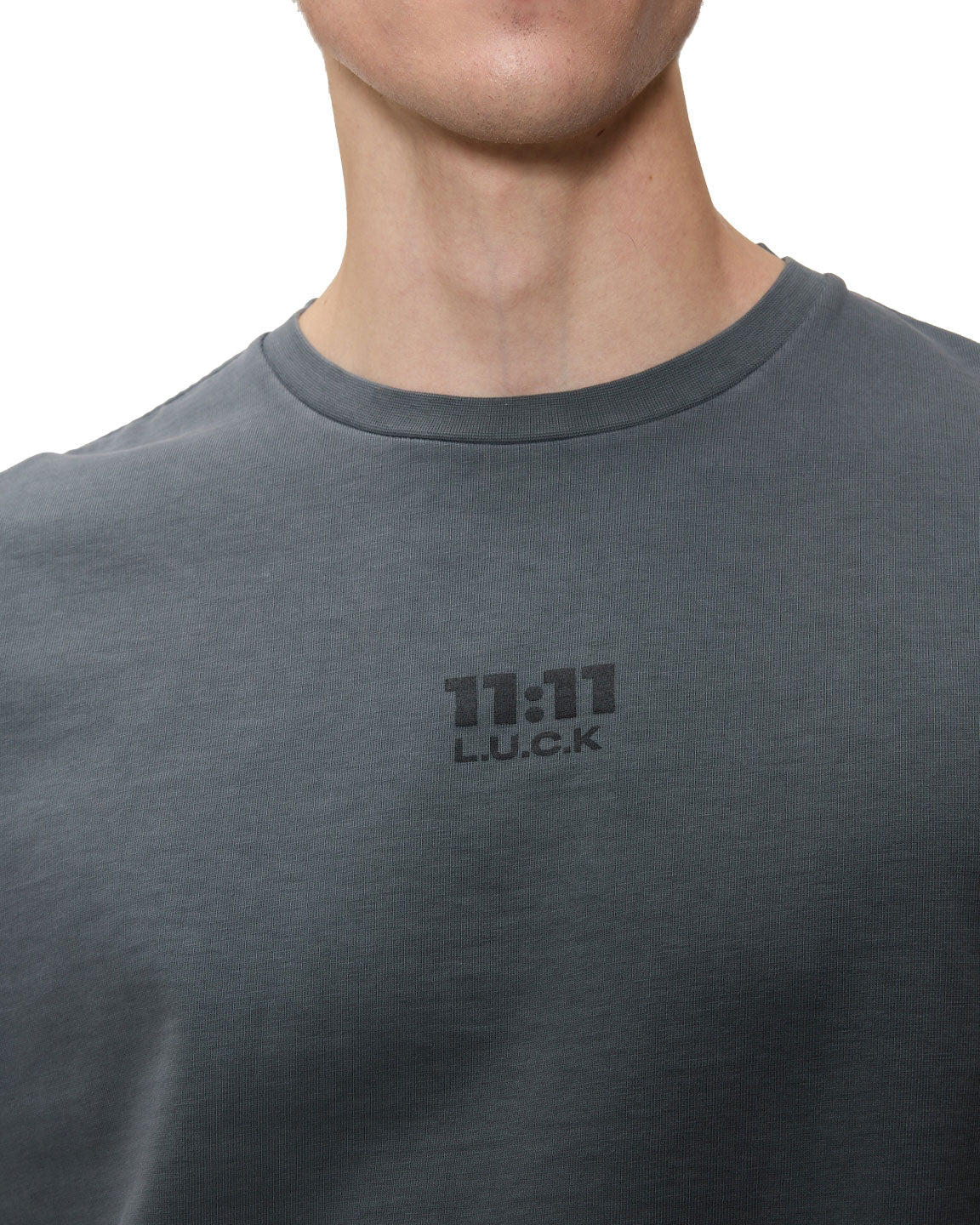 11:11 L.U.C.K logo on a grey unisex t-shirt