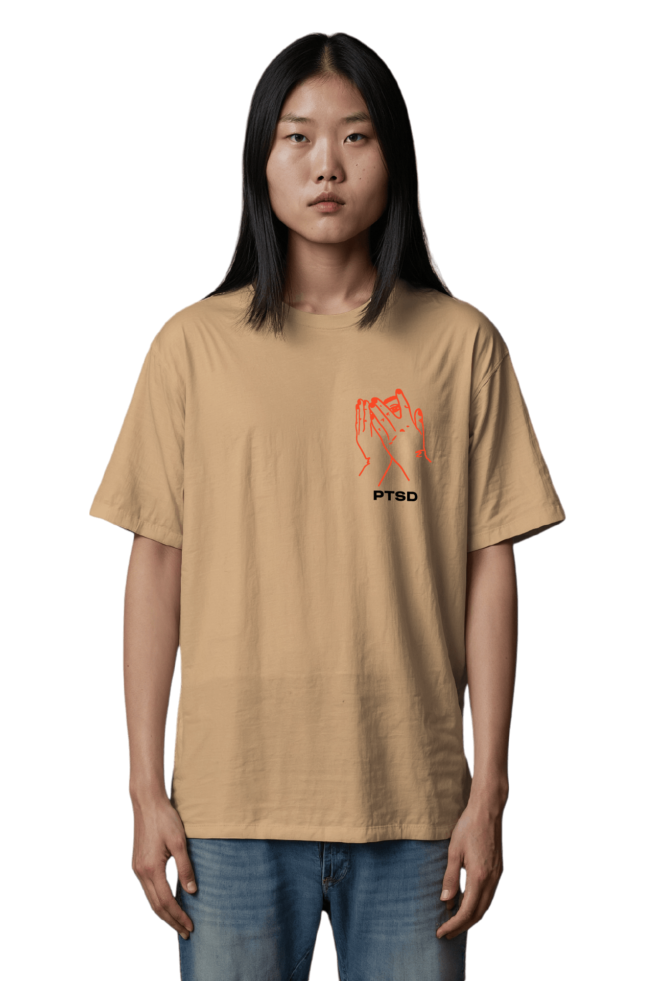 Short sleeves t-shirt in cotton color peach with ptsd design