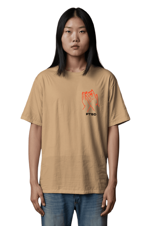 Short sleeves t-shirt in cotton color peach with ptsd design