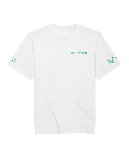 Short sleeves t-shirt in cotton color white with germaphobe text