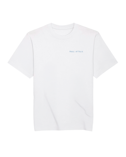 Short sleeves t-shirt in cotton color white with panic attack text