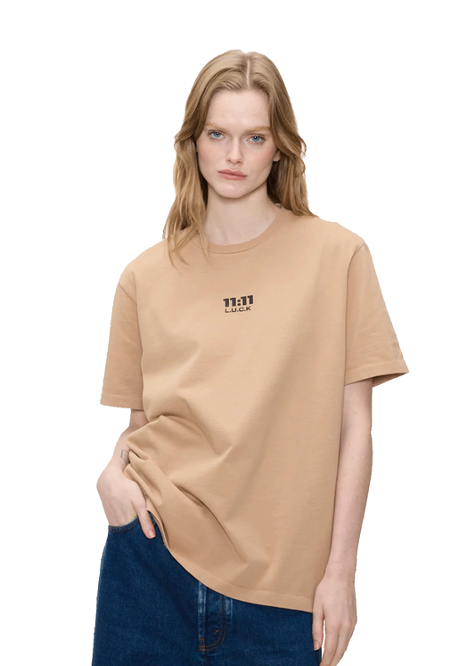 1111 luck beige logo t-shirt female model